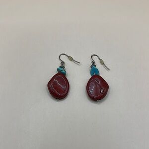 Artisan Red Coral and Turquoise Earrings Vintage